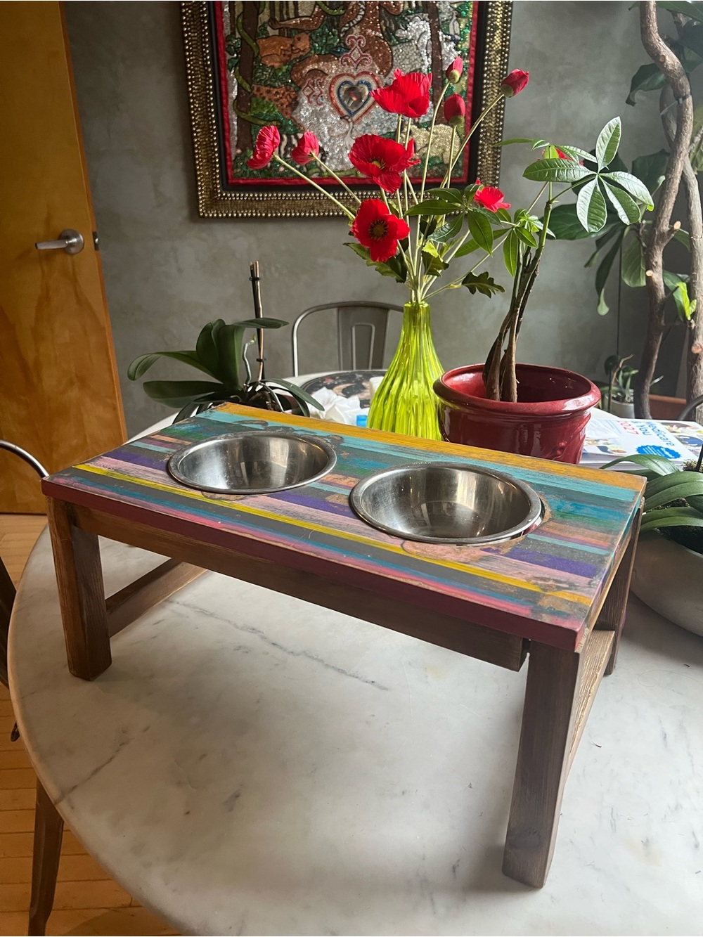Colorful Striped Elevated Pet Feeder with Stainless Bowls
